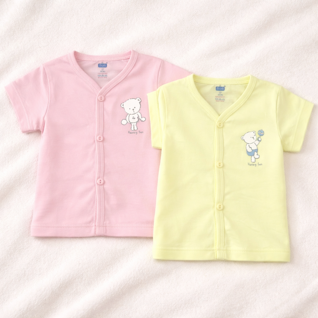 Simply Baby Teddy Bear Printed Front Open Cotton T-Shirt – Pink & Yellow - Cutypi