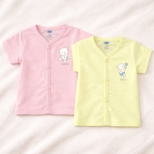 Simply Baby Teddy Bear Printed Front Open Cotton T-Shirt – Pink & Yellow - Cutypi