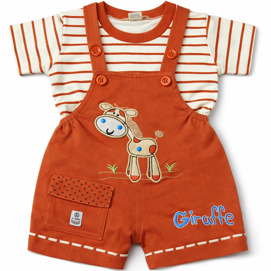 Giraffe Baby Dungaree Set – Orange Striped T-Shirt & Shorts Outfit