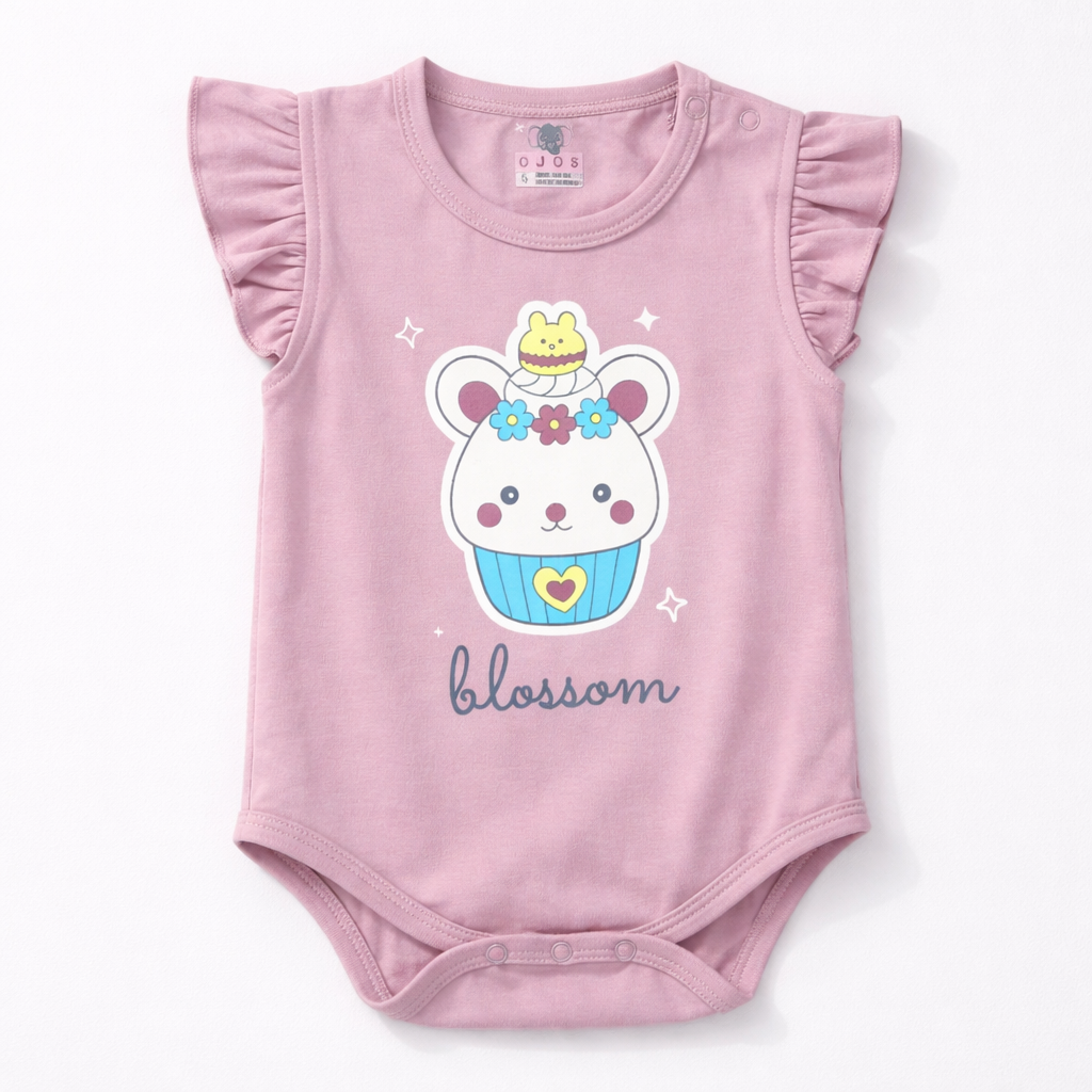 Ojas Mauve Blossom Bear Print Baby Girl Bodysuit with Ruffle Sleeves - Cutypi