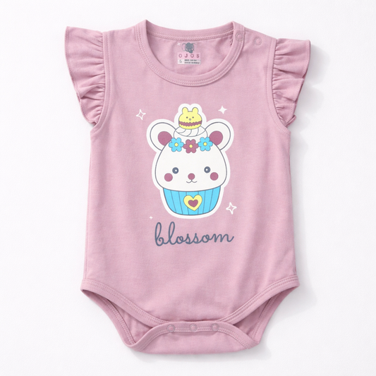 Ojas Mauve Blossom Bear Print Baby Girl Bodysuit with Ruffle Sleeves - Cutypi