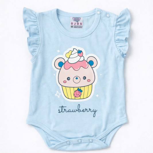 Ojas Strawberry Print Baby Girl Bodysuit with Ruffle Sleeves - Cutypi