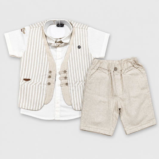 Boys 4 Piece Party Wear Waistcoat, Shirt, Shorts & Bow Tie Set – Beige | Kids Formal Dress | Cutypi