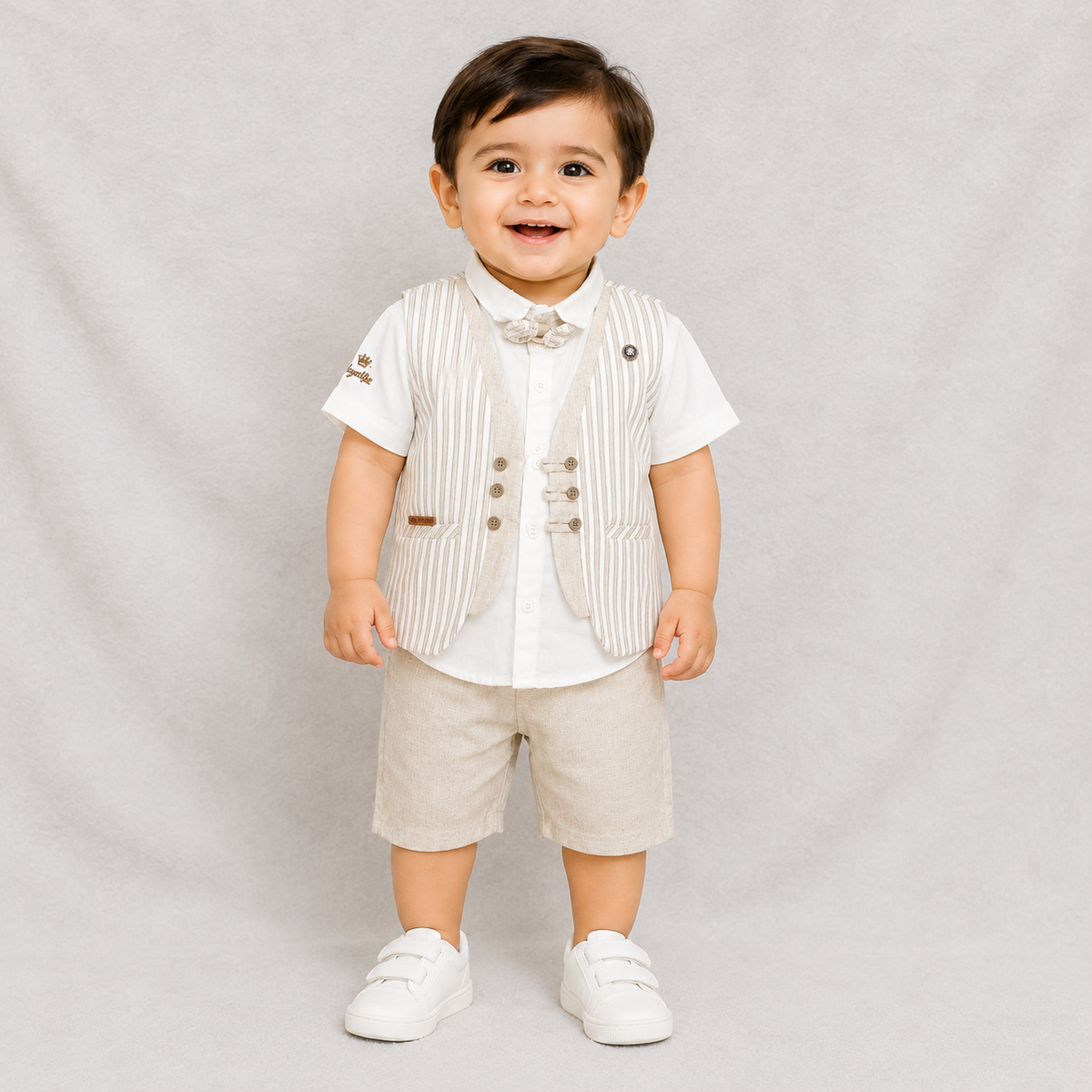 Boys 4 Piece Party Wear Waistcoat, Shirt, Shorts & Bow Tie Set – Beige | Kids Formal Dress | Cutypi