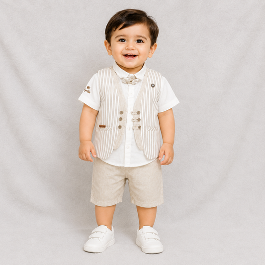 Boys 4 Piece Party Wear Waistcoat, Shirt, Shorts & Bow Tie Set – Beige | Kids Formal Dress | Cutypi
