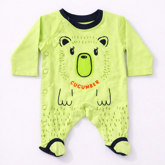 Cucumber Bear Baby Cotton Sleepsuit – Lime Green Full Sleeve Footed Onesie