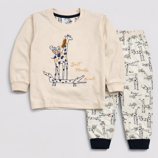 Natkhat Kids Suit Set – Giraffe Print Cotton Sweatshirt & Joggers  - Cutypi