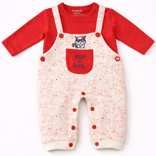 Kids Full Sleeves Printed Dungaree with Applique Kitty - Red