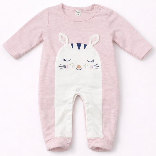 Soft Pink Baby Sleepsuit with Cute Bunny Face – Full Sleeve Cotton Romper
