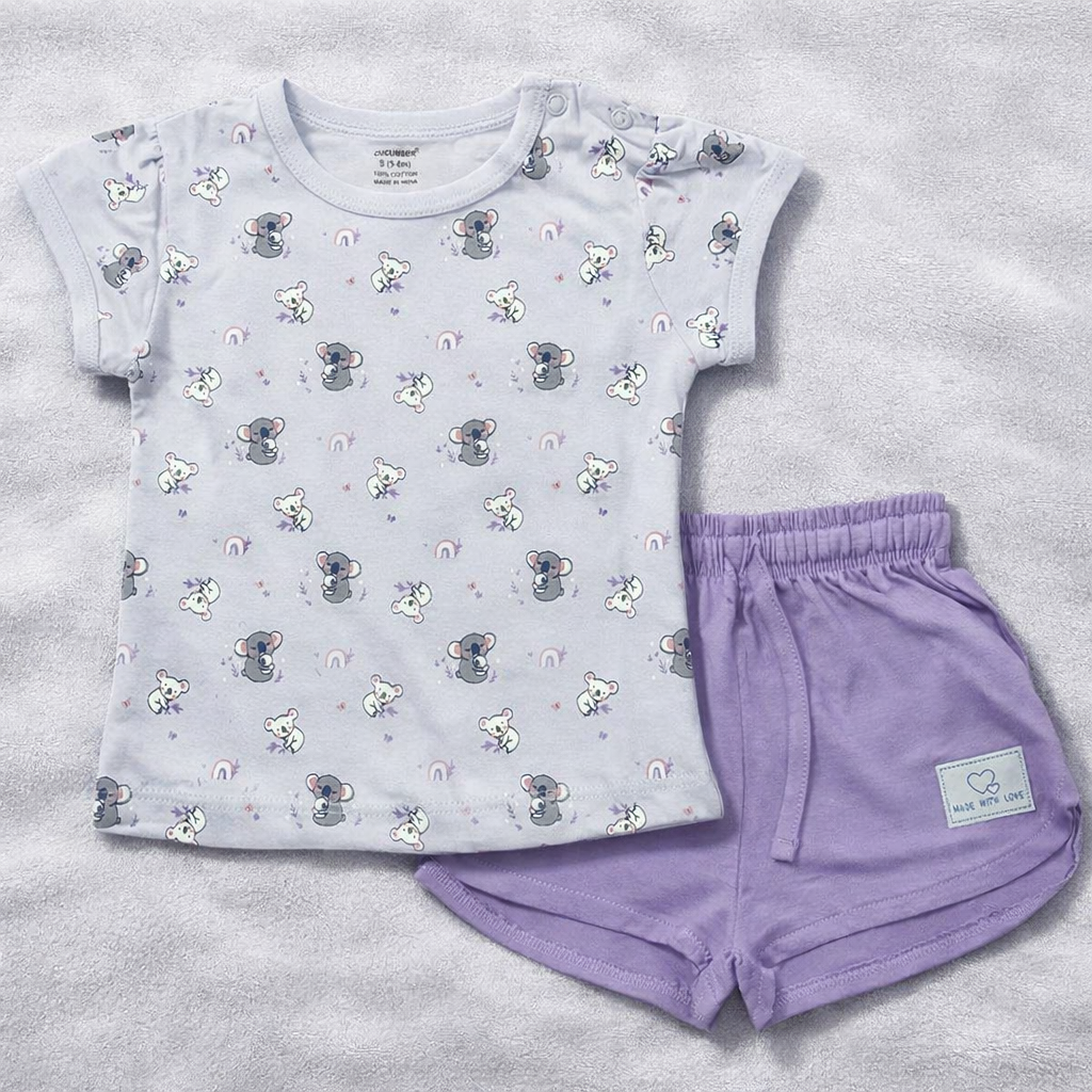 Cucumber Cucumber Girls Cotton Half Sleeve Top with Short - Purple - Cutypi