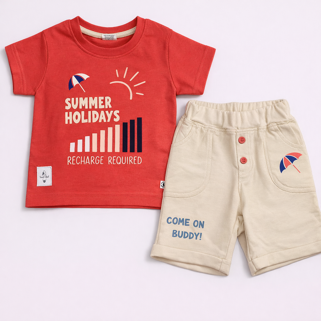 Krunchy Summer Holidays Kids – Recharge Required Cotton T-Shirt & Shorts  - Cutypi