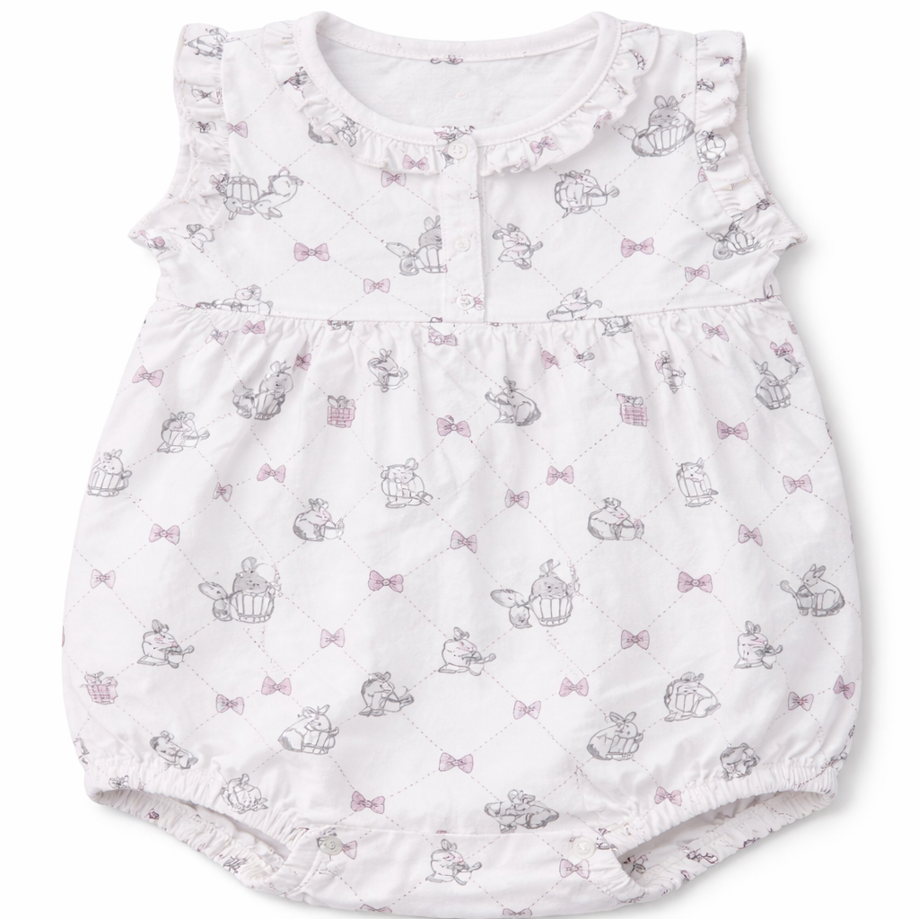 Cucumber White Bunny & Bow Print Baby Romper with Ruffle Sleeves - Cutypi