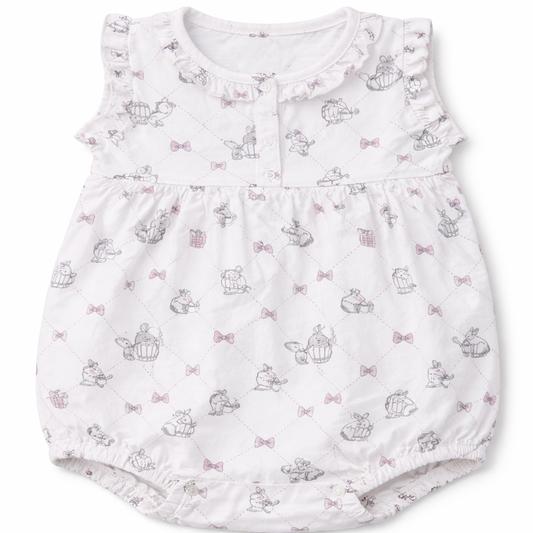 Cucumber White Bunny & Bow Print Baby Romper with Ruffle Sleeves - Cutypi