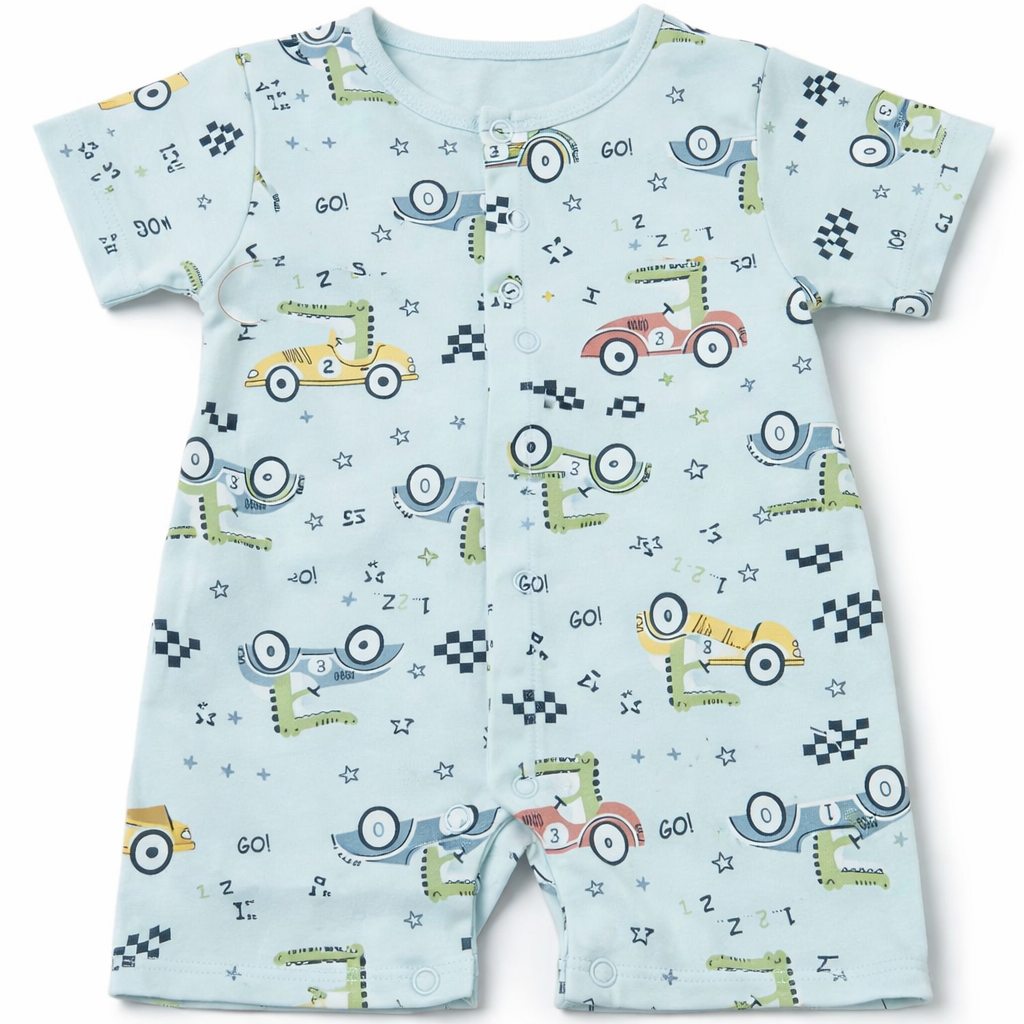 Blue Race Car Print Baby Romper – Cotton Half Sleeve Jumpsuit