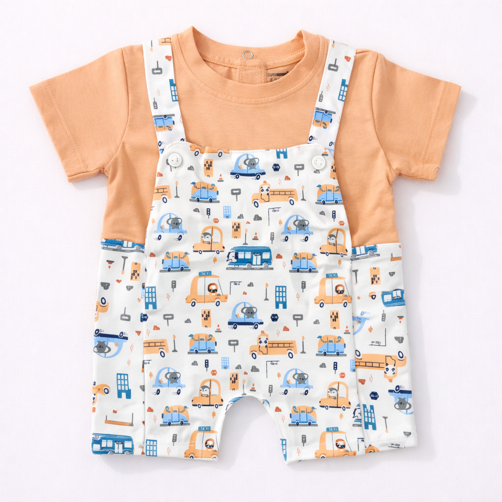 Car Print Baby Dungaree Set – Orange T-Shirt & Vehicle Romper