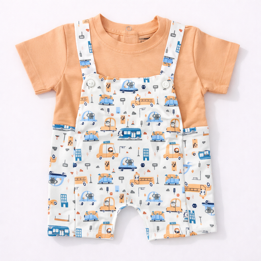 Car Print Baby Dungaree Set – Orange T-Shirt & Vehicle Romper