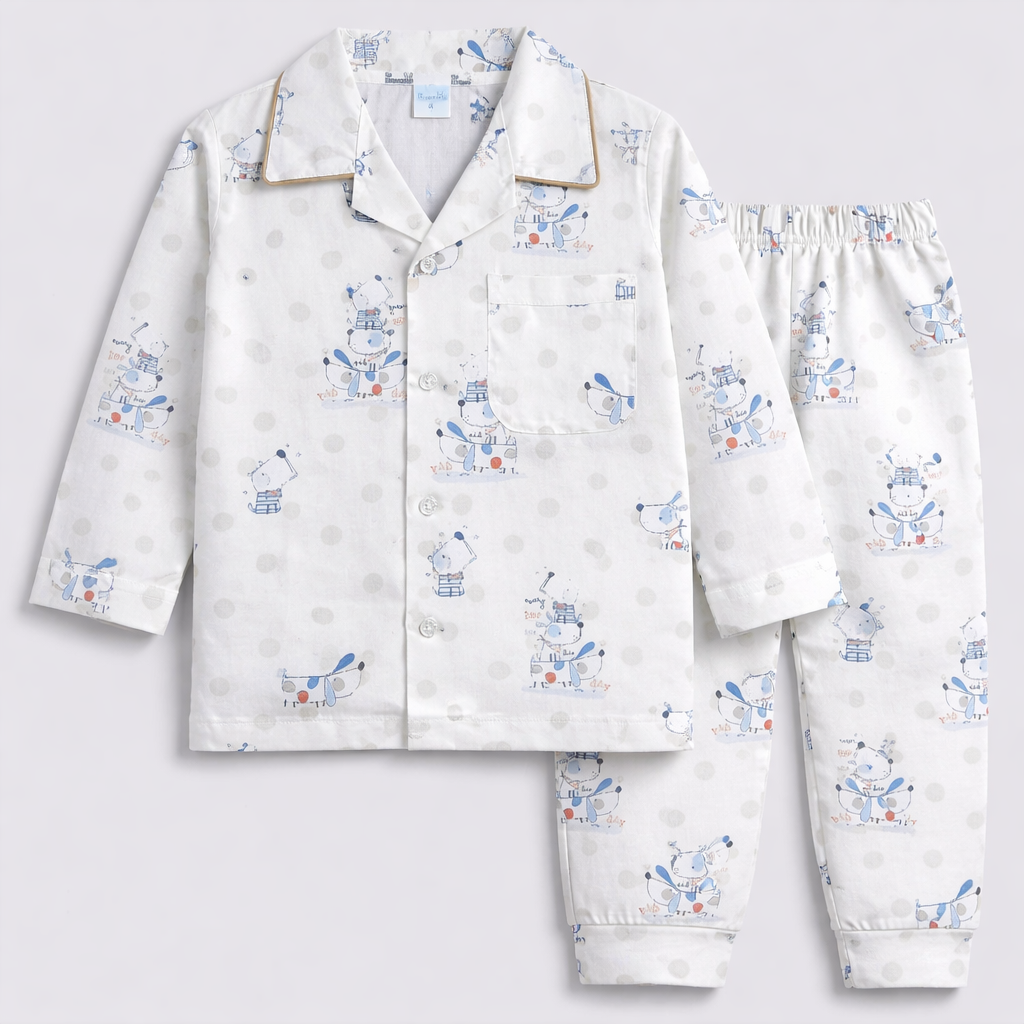 Little Bunny Cartoon Print Kids Night Suit Set – Button Down Pajama - Cream - Cutypi