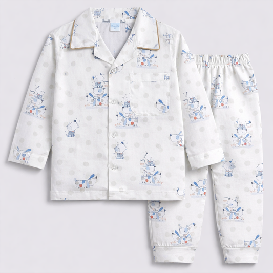 Cartoon Print Kids Night Suit Set – Button Down Pajama - Cream