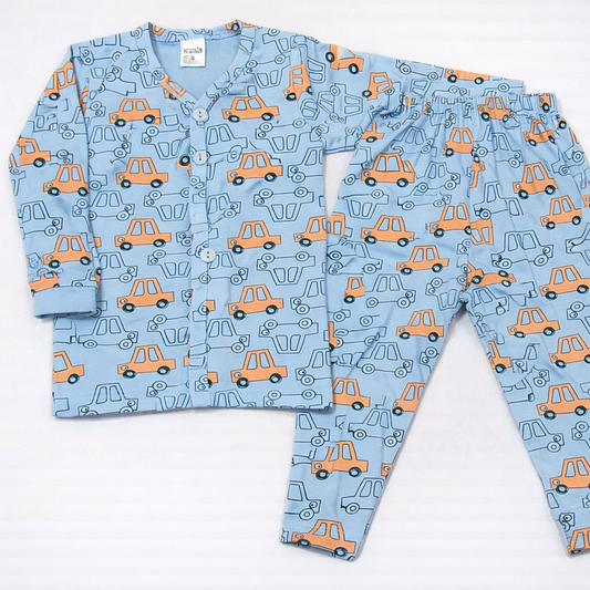 Blue Car Print Kids Co-Ord Set – Full Sleeve Button Shirt & Matching Pants