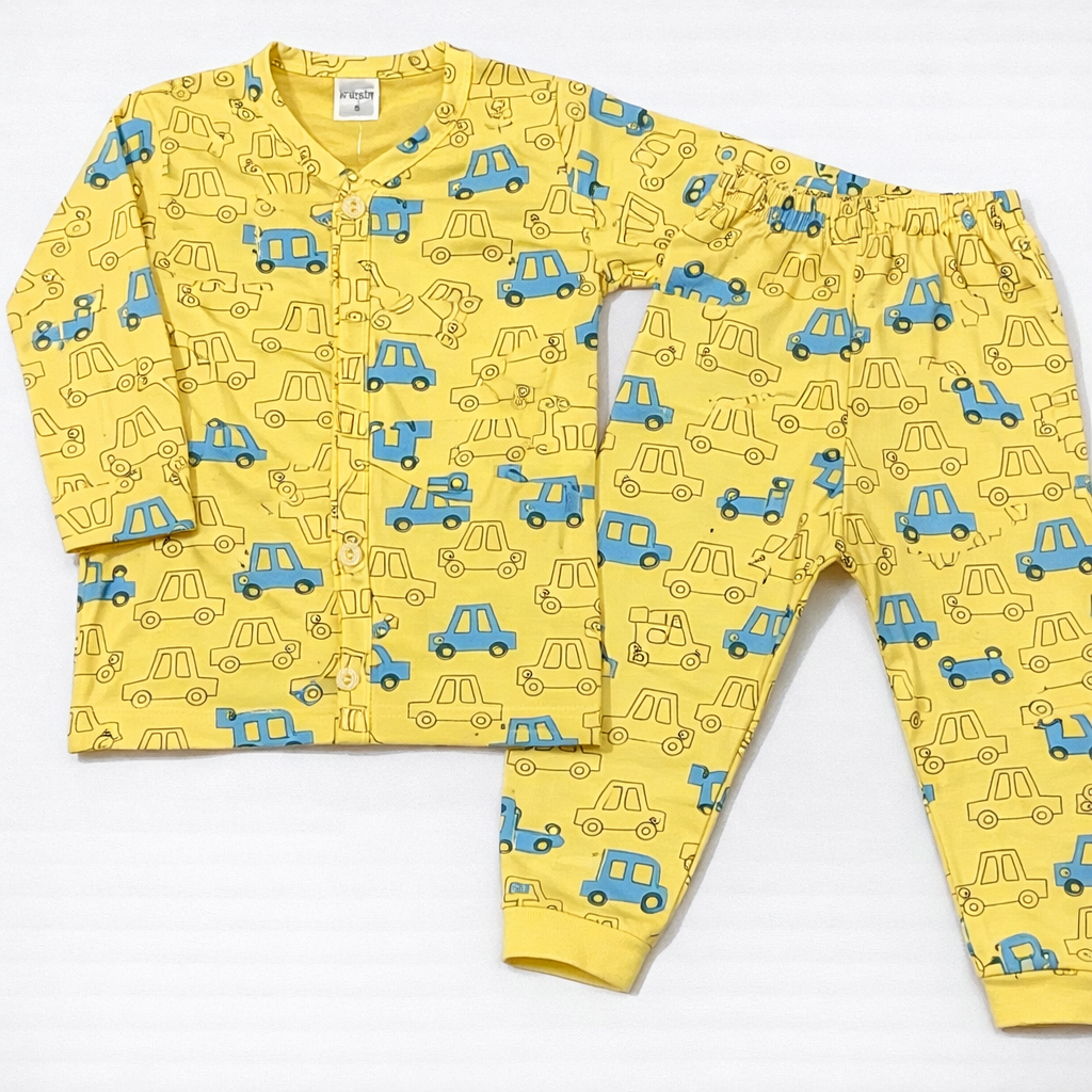 Krunchy Yellow Car Print Kids Co-Ord Set – Full Sleeve Button Shirt & Matching Pants - Cutypi