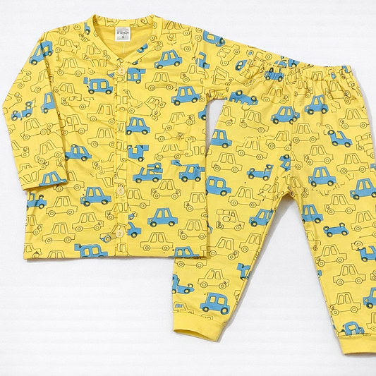 Yellow Car Print Kids Co-Ord Set – Full Sleeve Button Shirt & Matching Pants