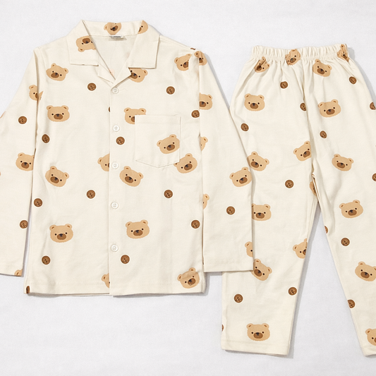 Teddy Bear Print Kids Night Suit Set – Cream Cotton Full Sleeve Pajama