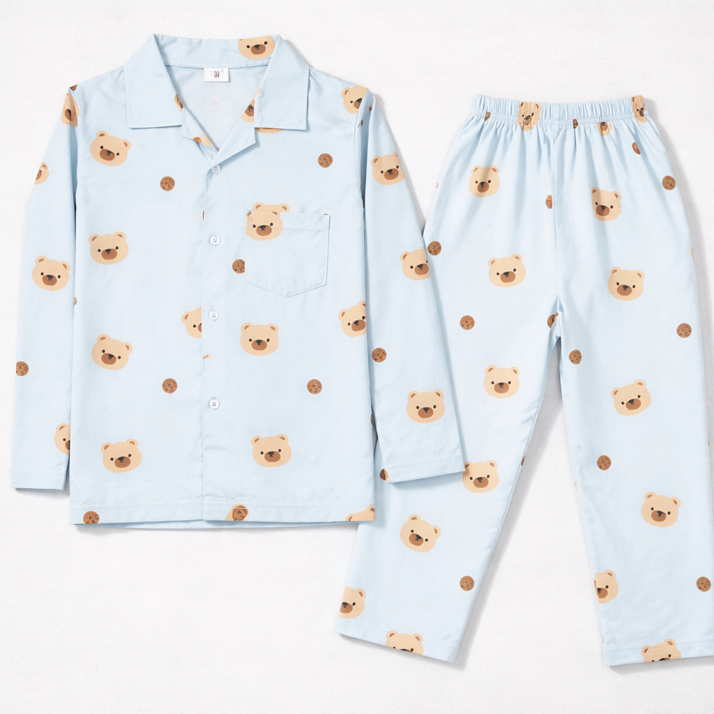 Krunchy Teddy Bear Print Kids Night Suit Set – Sky Blue Cotton Full Sleeve Pajama - Cutypi