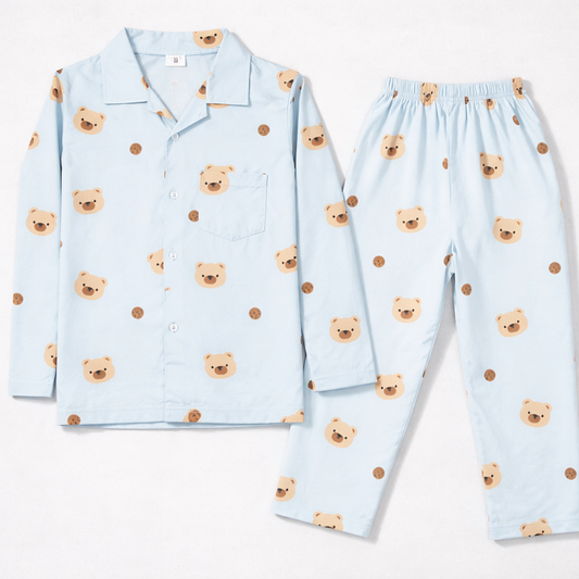 Teddy Bear Print Kids Night Suit Set – Sky Blue Cotton Full Sleeve Pajama