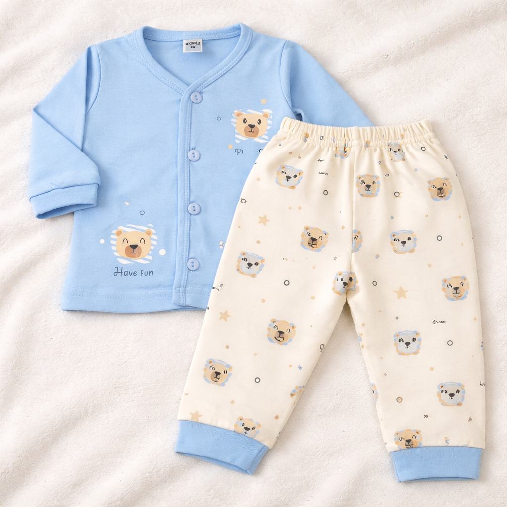Krunchy Baby Teddy Bear Printed Cotton T-Shirt with Pant Set – Blue & Cream - Cutypi