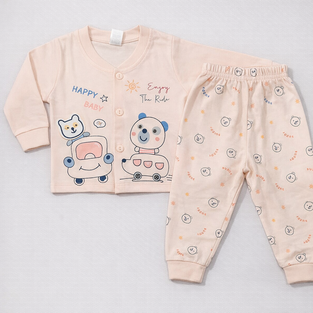 Dots Happy Baby Cotton Clothing Set – Cartoon Print Front Open Top & Pajama - Cutypi