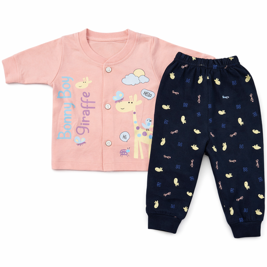 Dots Boy Giraffe Baby Front Open Top with Pant Set – Soft Cotton Outfit - pink - Cutypi
