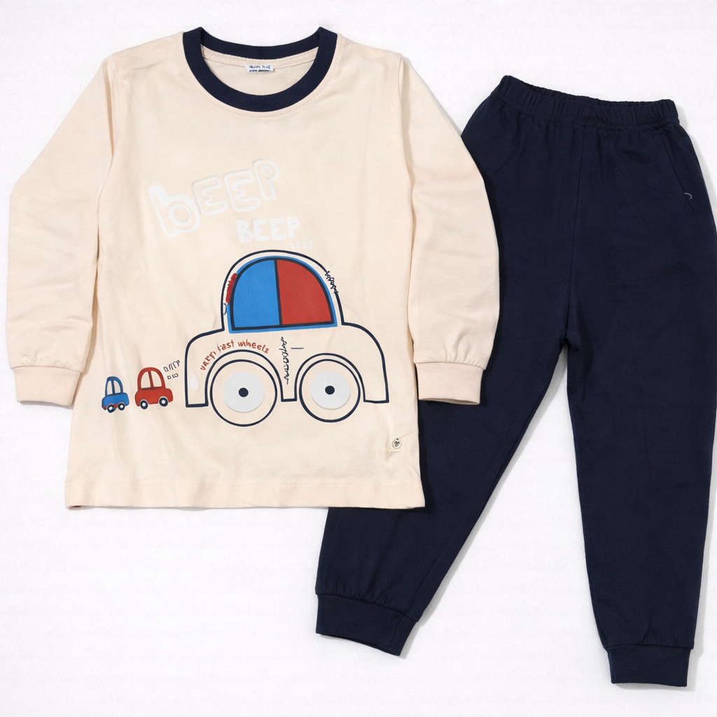 Natkhat Beep Beep Car Kids  Full Sleeve Top & Navy Joggers  - Cutypi