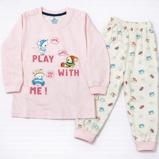 Natkhat Play With Me Kids Pink Full Sleeve Top & Printed Jogger Pants  - Cutypi
