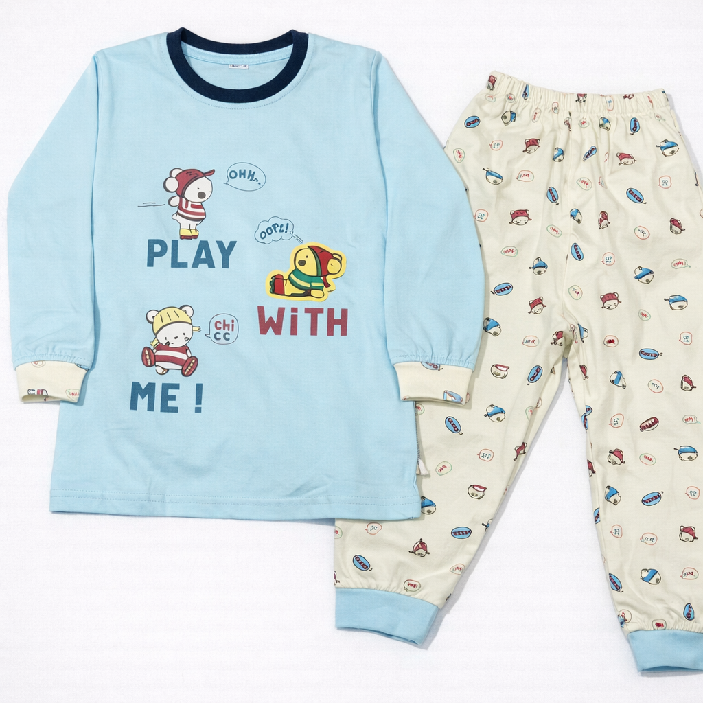 Natkhat Play With Me Kids Blue Full Sleeve Top & Printed Jogger Pants set  - Cutypi