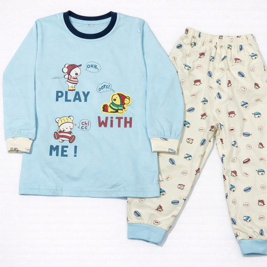 Natkhat Play With Me Kids Blue Full Sleeve Top & Printed Jogger Pants set  - Cutypi