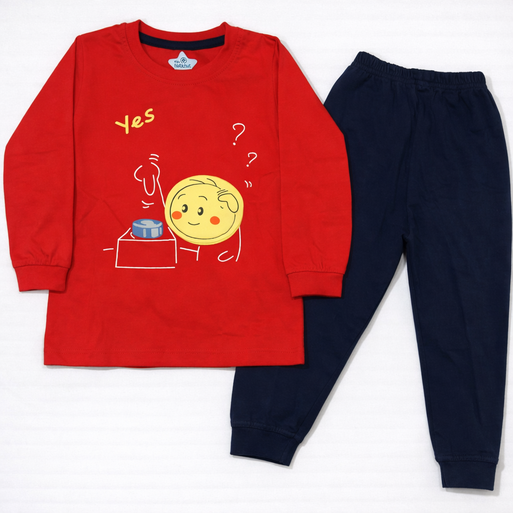 Natkhat Yes Cartoon Kids Red Full Sleeve T-Shirt & Navy Pants set  - Cutypi