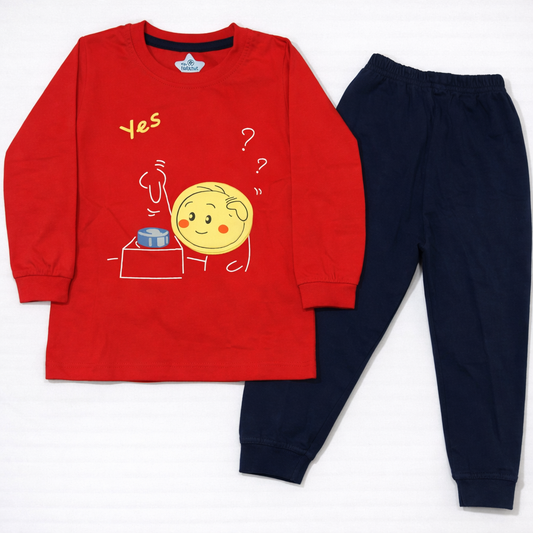 Natkhat Yes Cartoon Kids Red Full Sleeve T-Shirt & Navy Pants set  - Cutypi