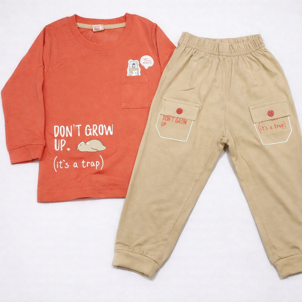 Krunchy Kids Co-Ord Set – Orange Full Sleeve T-Shirt & Beige Jogger Pants  - Cutypi