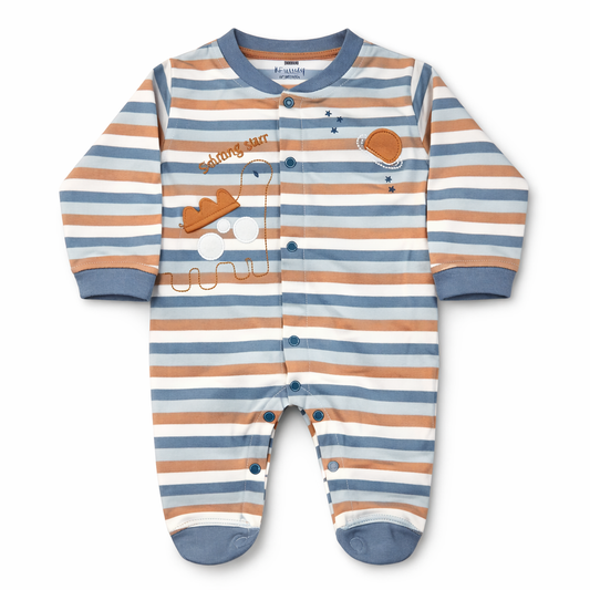 Krunchy Baby Cotton Full Sleeves Romper– Blue & Brown Striped Dinosaur Design