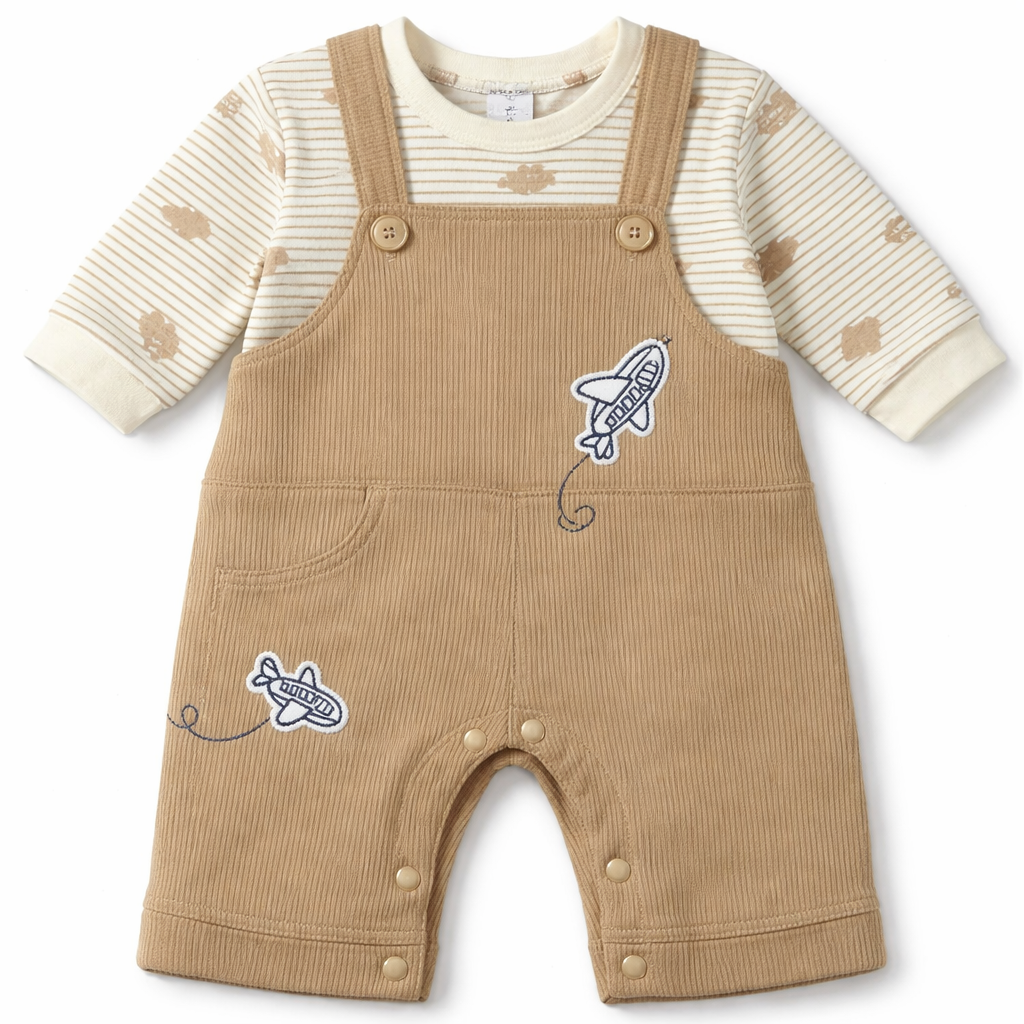 Baby Dungaree Set with Airplane Print – Cotton T-Shirt & Romper Outfit - Cream