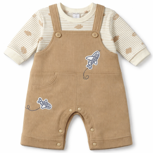 Baby Dungaree Set with Airplane Print – Cotton T-Shirt & Romper Outfit - Cream
