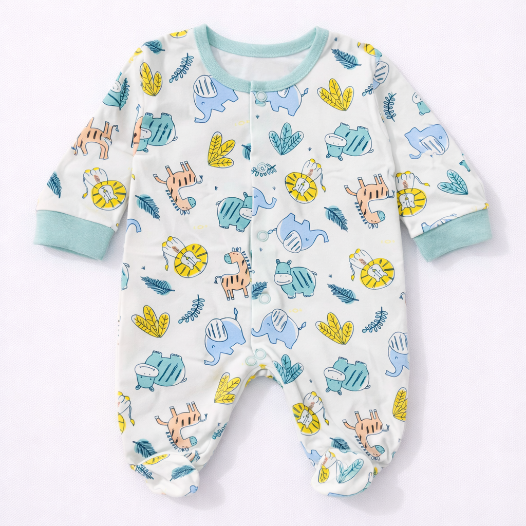 Cucumber Safari Animal Baby Cotton Sleepsuit – Full Sleeve Printed Footed Onesie - Cutypi