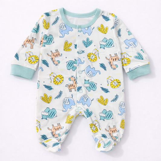 Cucumber Safari Animal Baby Cotton Sleepsuit – Full Sleeve Printed Footed Onesie - Cutypi