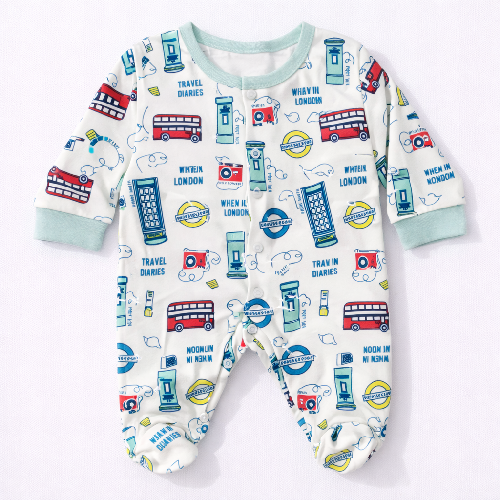 Cucumber London Travel Print Baby Cotton Sleepsuit – Full Sleeve Footed Onesie - Cutypi