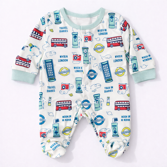 Cucumber London Travel Print Baby Cotton Sleepsuit – Full Sleeve Footed Onesie - Cutypi