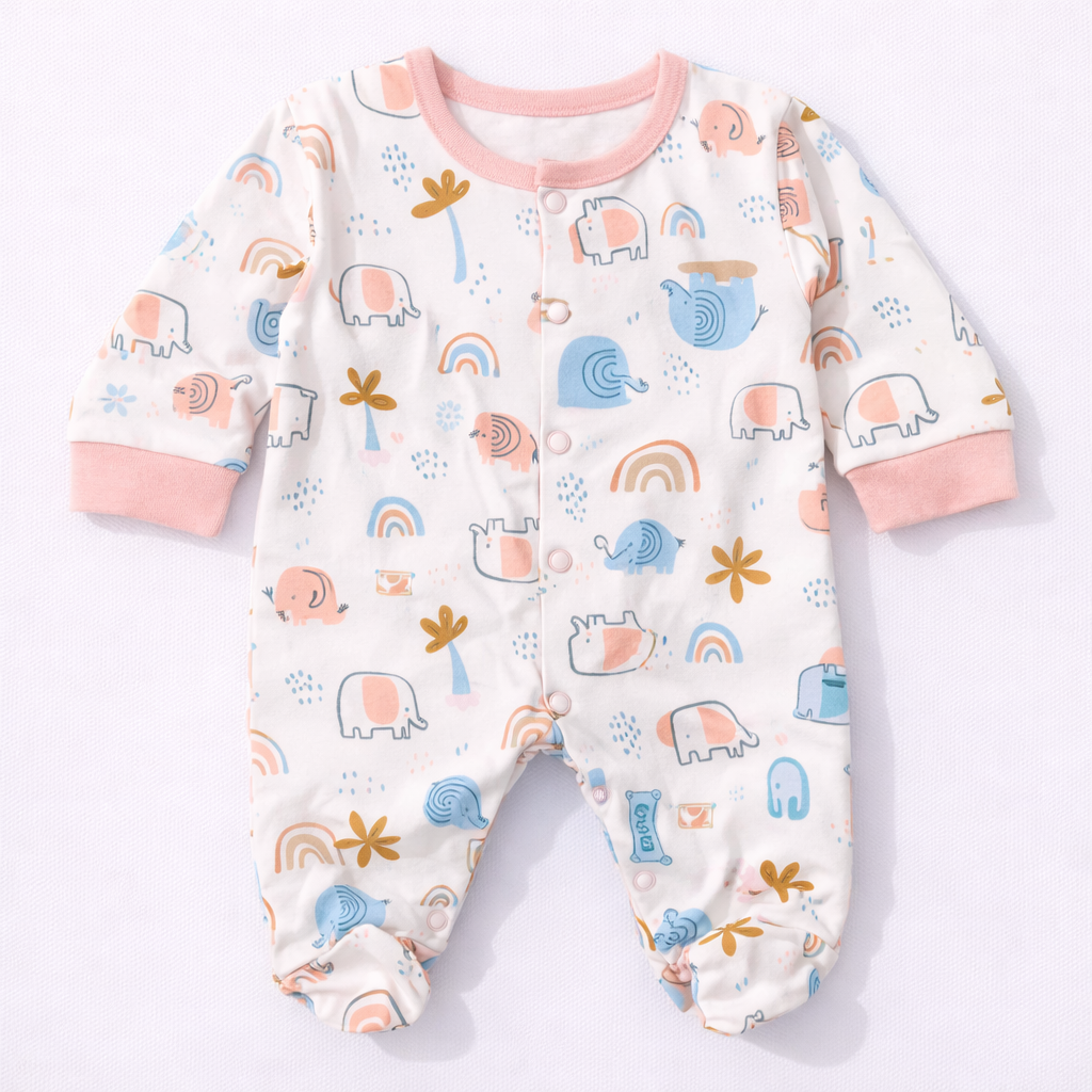 Cucumber Pastel Elephant Baby Cotton Sleepsuit – Full Sleeve Printed Footed Onesie - Cutypi
