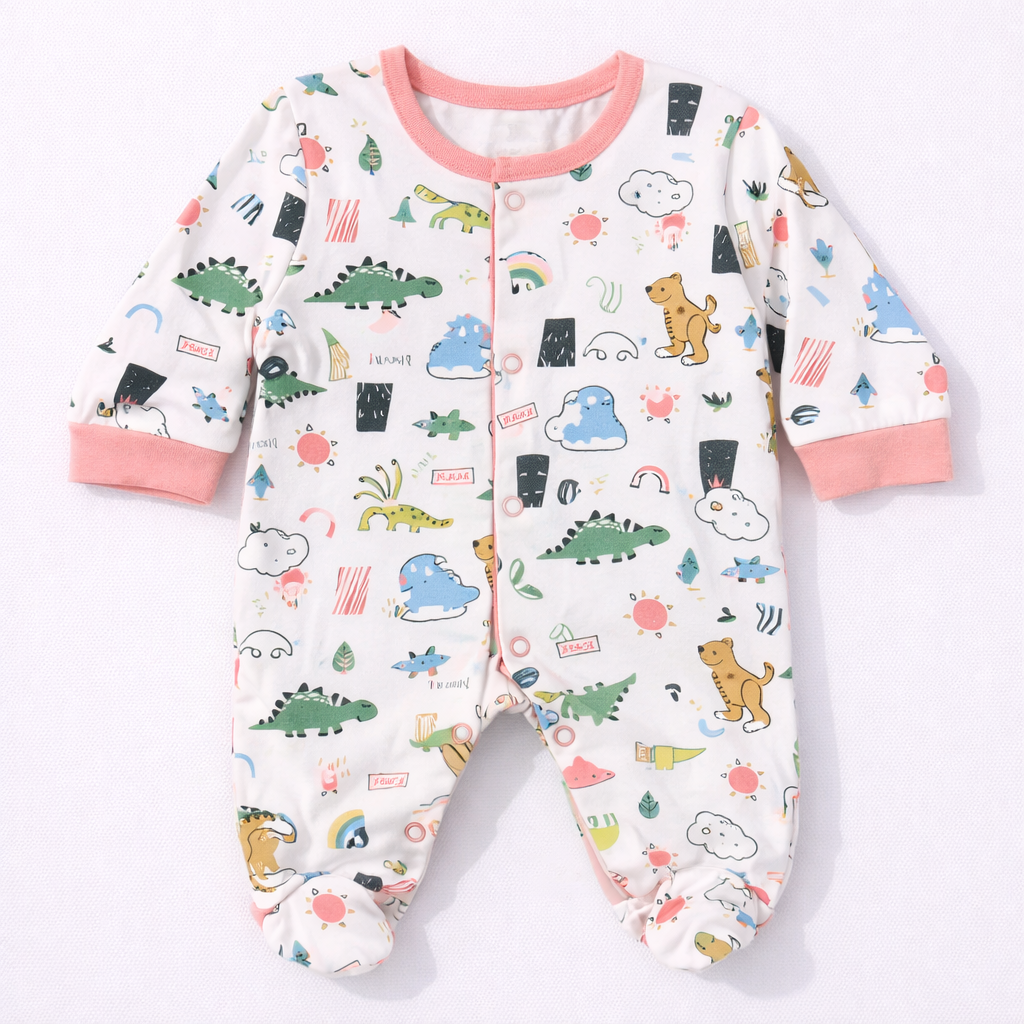Cucumber Safari Theme Baby Cotton Sleepsuit – Full Sleeve Printed Footed Onesie - Cutypi