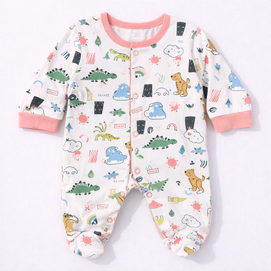 Cucumber Safari Theme Baby Cotton Sleepsuit – Full Sleeve Printed Footed Onesie - Cutypi