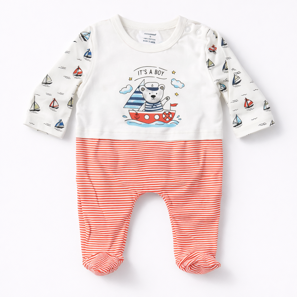 Boy Sailor Bear Baby Cotton Sleepsuit – Striped Footed Onesie