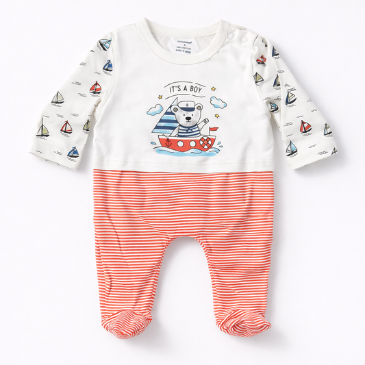 Boy Sailor Bear Baby Cotton Sleepsuit – Striped Footed Onesie